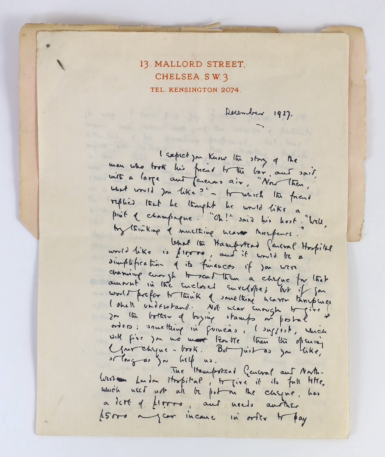 Milne, Alan Alexander (1882-1956) - An a/l, 3pp. 8vo, dated December 1927, from 13, Mallord Street, Chelsea, to an unnamed recipient, ‘’I expect you know the story of the man who took his friend to the bar, and said, wit